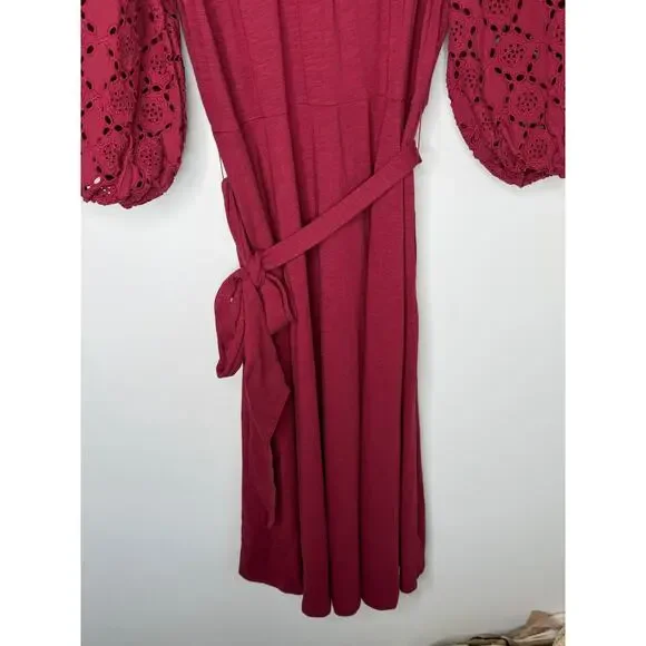 Boden Eden Broderie Jersey Puff Sleeve Midi Dress Garnet Red Women's Size 8P - Picture 5 of 11